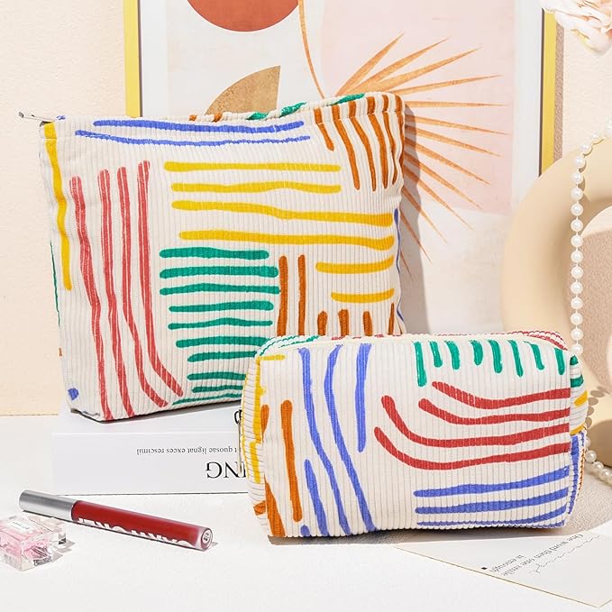 SOIDRAM 2 Pieces Stripes Makeup Bag Large Corduroy Cosmetic Bag Capacity Canvas Mix Travel Toiletry Bag Organizer Cute Makeup Brushes Aesthetic Accessories Storage Bag for Women, Stripes Mix Colorful - Image 2