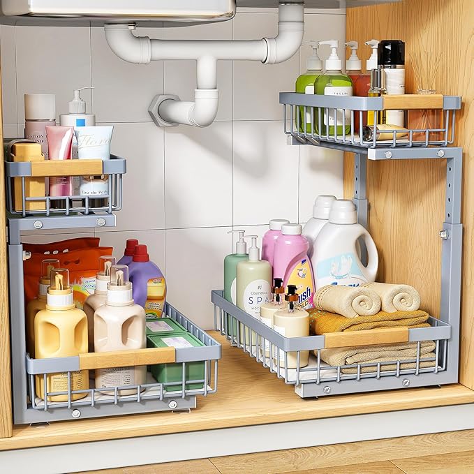 PXRACK Under Sink Organizer, Adjustable Height, 2 Tier Pull Out Under Cabinet Organizer, Slide Out Thickened Metal Under Sink Storage for Kitchen Bathroom Laundry Pantry Cabinet, Grey, Large-2-Pack by PXRACK