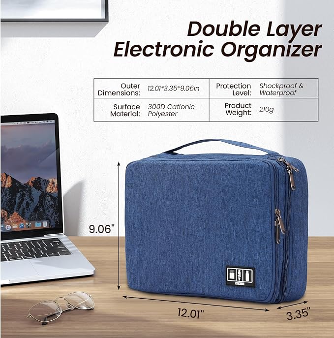 Electronic Organizer Travel Case, Double Layer Cable Organizer Bag | Double-layer design with adjustable dividers, mesh pockets and elastic loops for chargers, cables, power banks and gadgets - Image 2