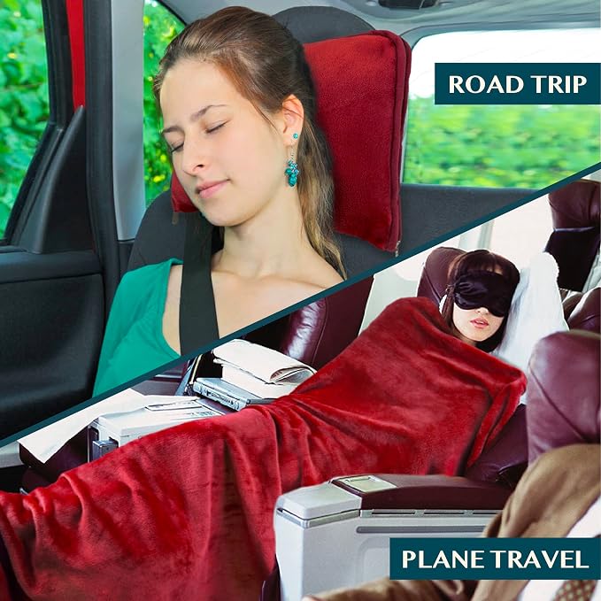 PAVILIA Travel Blanket Pillow, Soft Airplane Blanket 2-in-1 Combo Set, Plane Blanket Compact Packable, Flight Essentials Car Pillow, Travelers Gifts Accessories, Luggage Backpack Strap, 60x43 Red - Image 5