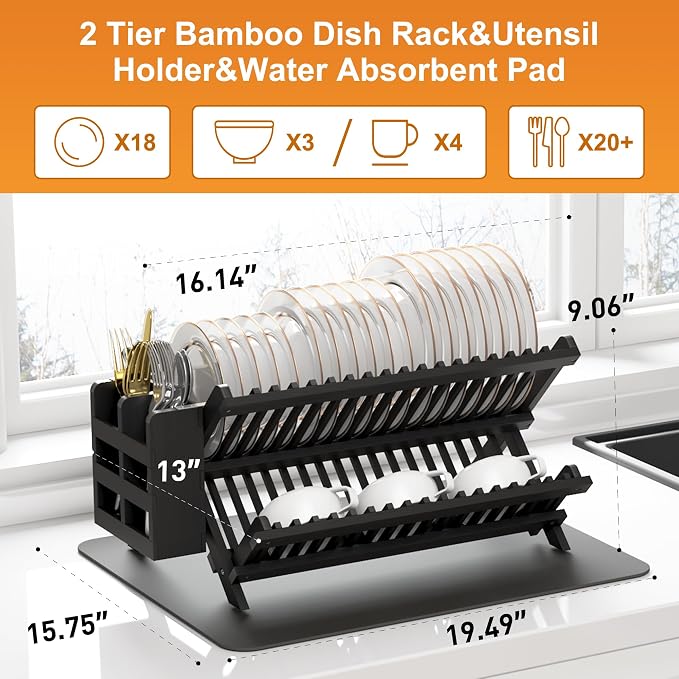 Greenual Black Bamboo Dish Drying Rack with Utensil Holder, 2 Tier Collapsible Dish Rack, Wooden Dish Racks for Kitchen Counter, Folding Drying Holder with Absorbent Dish Drying Mat - Image 2