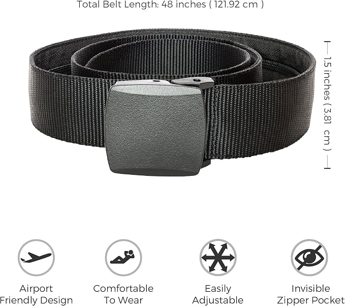Zero Grid Black Travel Security Belt, Hidden Zippered Pockets to Carry Cash | Anti-Theft Concealable Design with Zipper Pocket for Cash, Card, Accessories, Adjustable Fit for Men and Women - Image 2