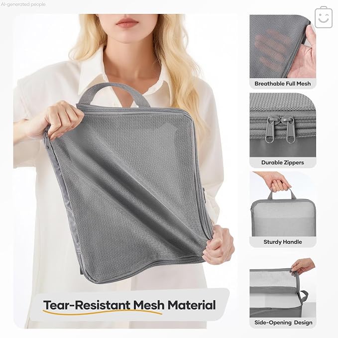 Veken 9/11 Set Compression Packing Cubes Garment Bags for Travel Essentials,Compressible Expandable Luggage Organizer Bags for Clothing,Space Saver Bags with Over 1000 pcs of Mesh Holes(Gray) - Image 5