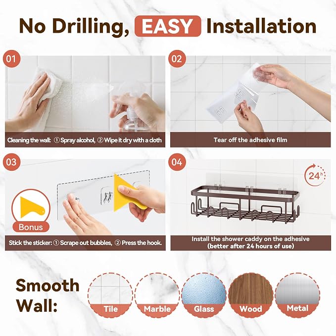 Shower Caddy Adhesive, Rustproof Shower Organizer, Wall Shower Rack | Large Capacity Shower Shelves for Inside Shower, Shampoo Shower Holder, Bronze, 3 Caddies, 1 Soap Dish, 1 Toothbrush Holder - Image 9