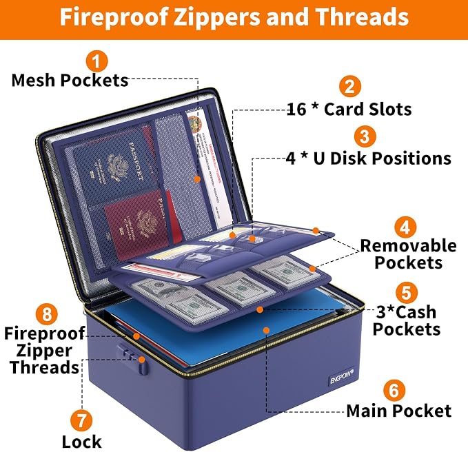 ENGPOW Fireproof Document Box with Lock & Heat-Resistant Fireproof Zipper | 6400°F 12-Layer Fire Protection, Hard File Organizer with Pockets, Portable Home Chest Safe Storage for Money,Jewelry, Blue - Image 9