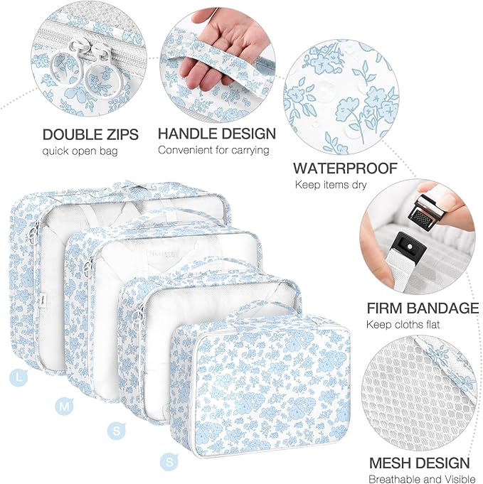 8 Set Packing Cubes for Suitcases,Packing Cube with Shoe, Cosmetics, Clothing, and Accessories Bags Packing Cubes for Travel Luggage Organizer Women Men(Blue Flowers) - Image 3