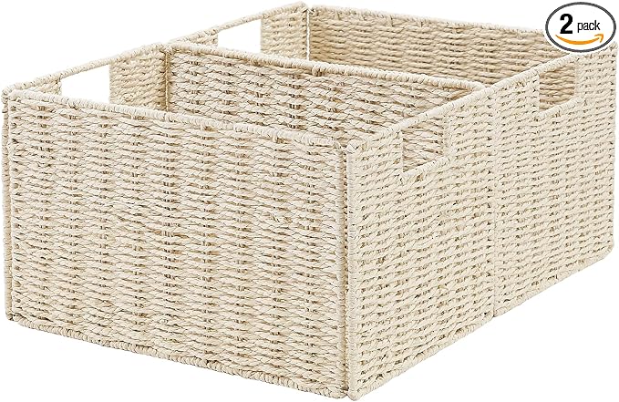 Wicker Storage Basket, Set of 2 Hand-Woven Paper Rope Wicker Basket, Small Storage Baskets for Organizing Toilet Paper Baskets, Foldable Large Cube Storage Organizer Bin for Shelves (Beige) by Vagusicc