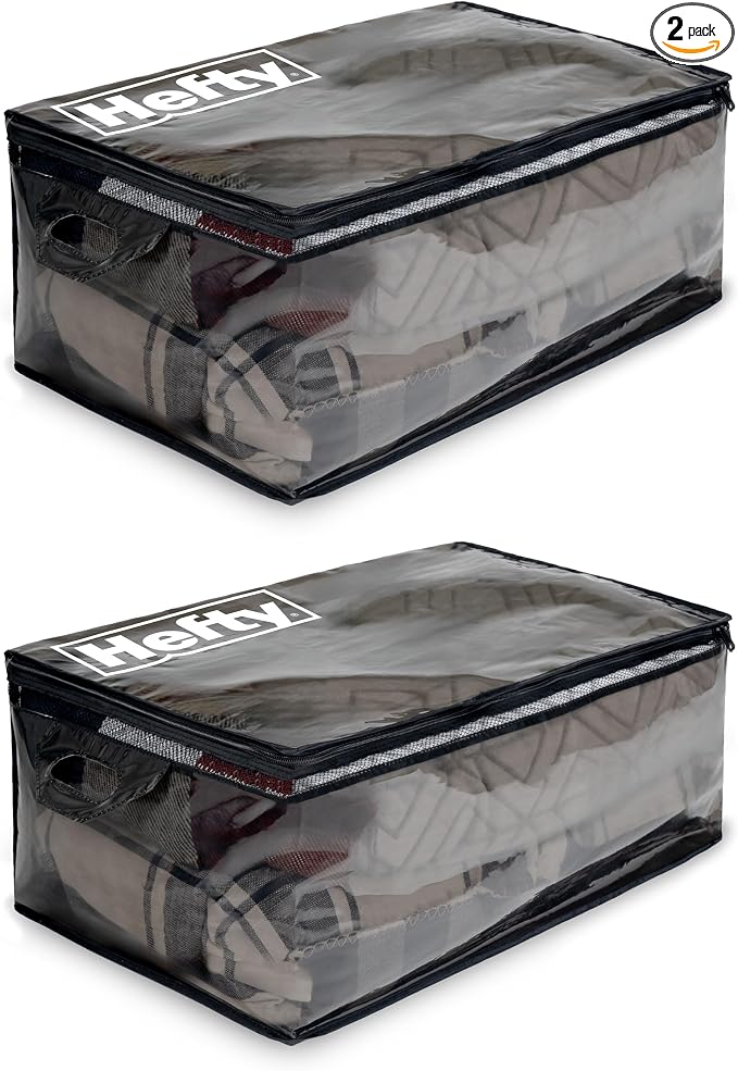 Hefty Storage Bags Extra Large Double Zipper Backpack, Heavy Duty Water Resistant Moving Totes with Shoulder Straps, Foldable Reusable Packing Organizers, 2 Pack (X-Large Black) by Hefty