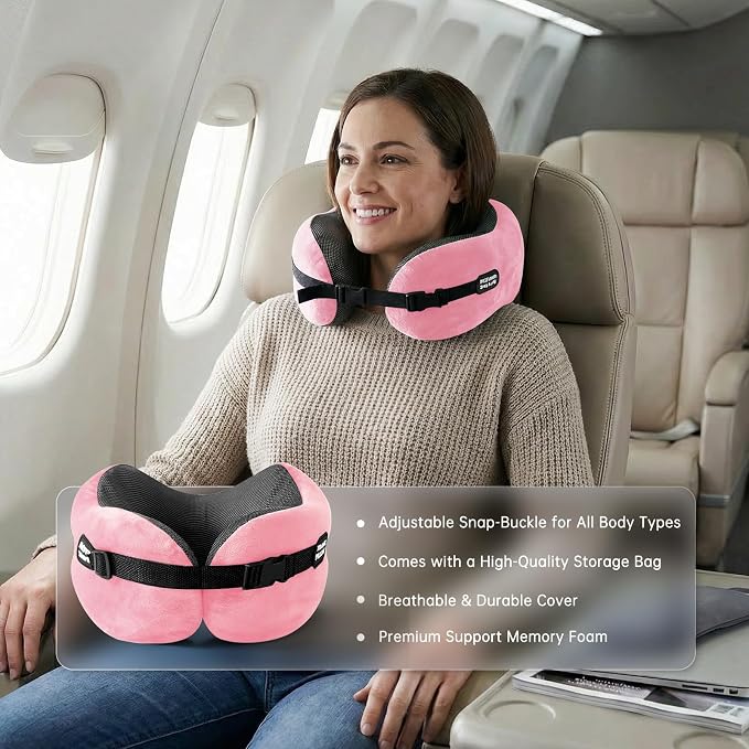 Neck Pillow Travel Pillow - 100% Pure Memory Foam Airplane Pillow with Adjustable Clasp & Removable Cover, Portable Travel Essentials for Long Flights, Car & Office (Pink) - Image 6