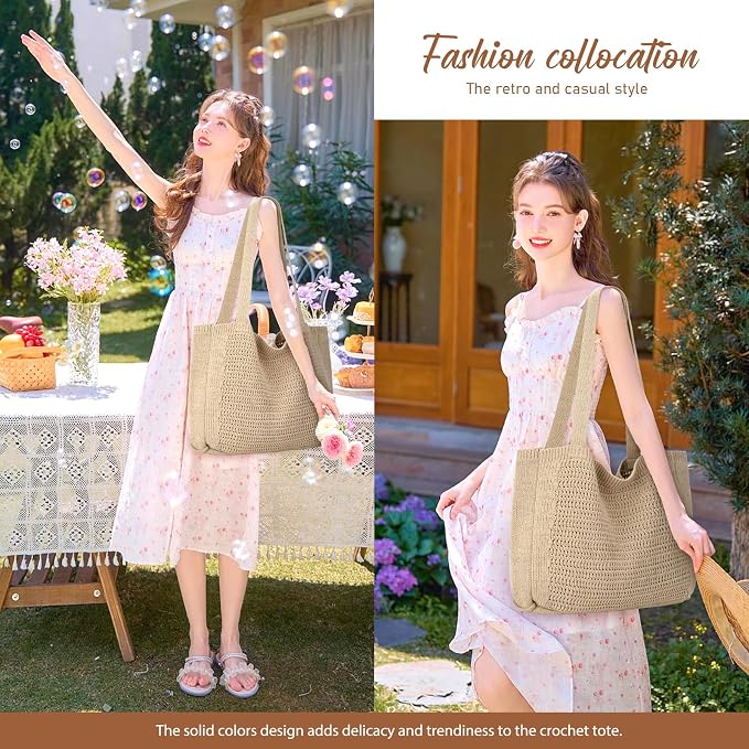 hatisan Crochet Bag for Women, Handmade Knit Beach Tote Bag Summer - Image 2