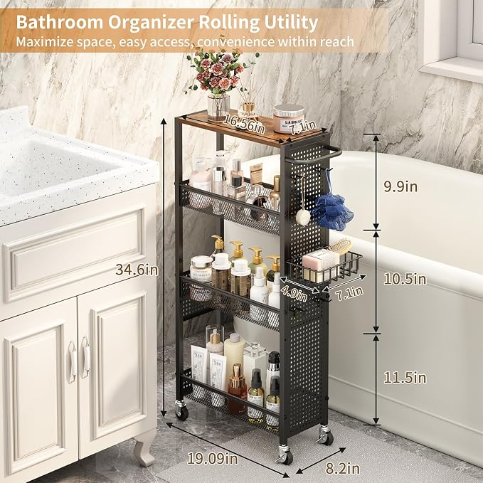 Slim Storage Rolling Cart: 4-Tier Narrow Metal and Wood Utility Cart with Wheels for Kitchen/Laundry/Bathroom(Black) - Image 2