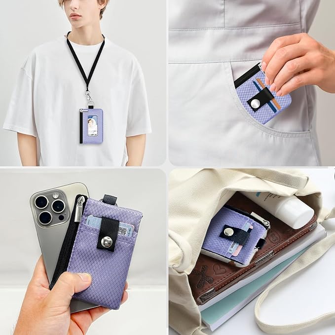 Minimalist RFID Blocking Small Wallet with ID Window,WaterResistant Zip Id Case Wallet with Lanyard Keychain for Cards,Cash,Travel,Women,Men (Lavender Purple) - Image 9