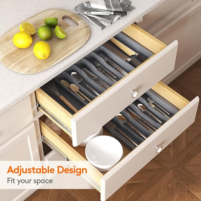 Lifewit Extra Large Silverware Drawer Organizer, Expandable Utensil Tray | BPA Free Flatware Cutlery Holder for Kitchen, Adjustable Plastic Storage for Spoons Forks Knives, 13-22 x15, Dark Gray - Image 8
