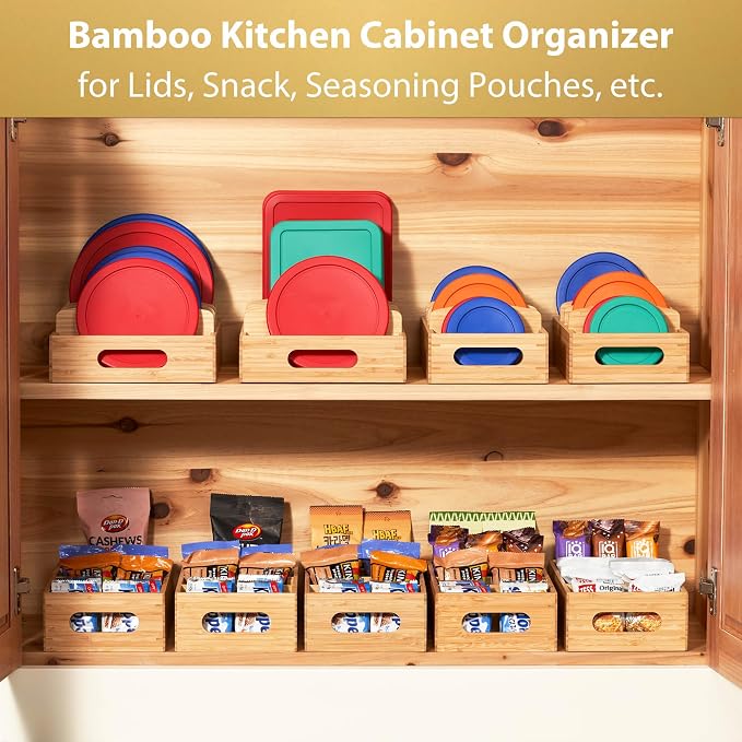 Bamboo Food Container Lid Organizer for Kitchen Cabinet and Drawer | Adjustable Slots - Premium Bamboo, Pretty Color - Sturdy Versatile Caddy for Snack, Spice - Anti-Skid Silicone Pads - Image 3