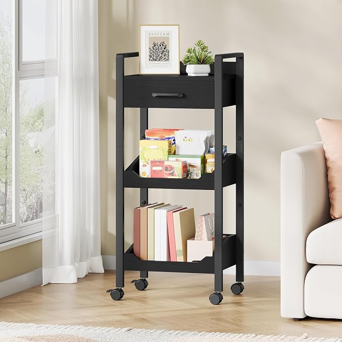 Hoctieon 3-Tier Rolling Storage Cart with Drawer, Rolling Utility Cart Organizer, Mobile Shelving Unit with Wheels, Metal Frame, Kitchen Utility Cart for Small Space, Office, Bathroom, Black - Image 4