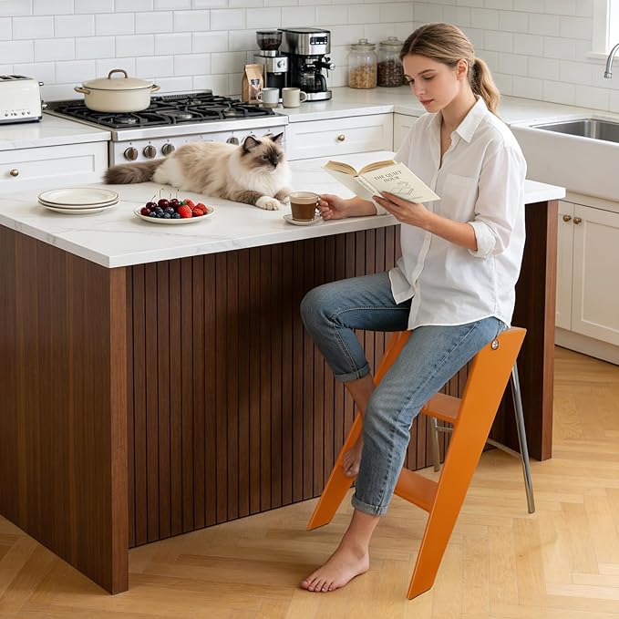 HOTEAGLE Modern Folding Chair - Multifunctional Design Doubles as Step Stool & Storage Shelf, Sturdy Engineering Plastic for Kitchen, Dining & Bistro,Orange - Image 2