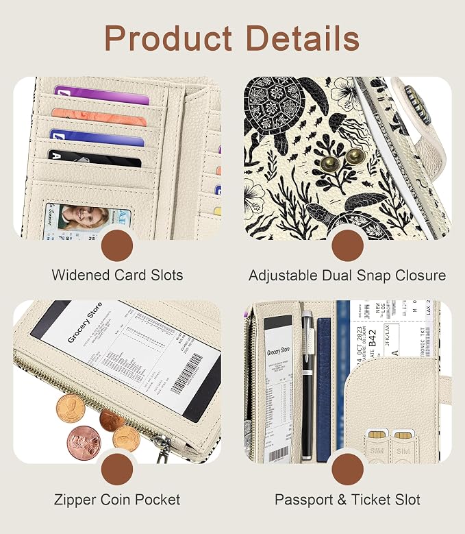 Sea Turtle Wallet Women RFID, Passport Holder, Credit Card Holder | 6.7" x 4.4" x 1.3" Bifold, Travel billfold, Zipper Pocket, PU Leather, Clutch, Purse, ID Window, Pen Holder, Gift Ladies Girl - Image 6