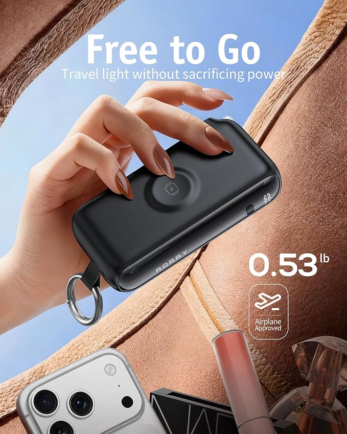 RORRY Flow Portable Charger 10000mAh 40W Wall Plug Power Bank Battery Pack | Built-in USB-C Cable, Keychain Design, Fast Charging, for iPhone 17/16/15, Apple Watch, iPad, 3-in-1, Travel Essential - Image 3