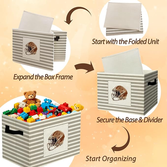 Rustic Football Helmet Storage Bins Boxes Handles | grey striped nursery foldable basket for organizing bedroom toddler playroom - Image 6