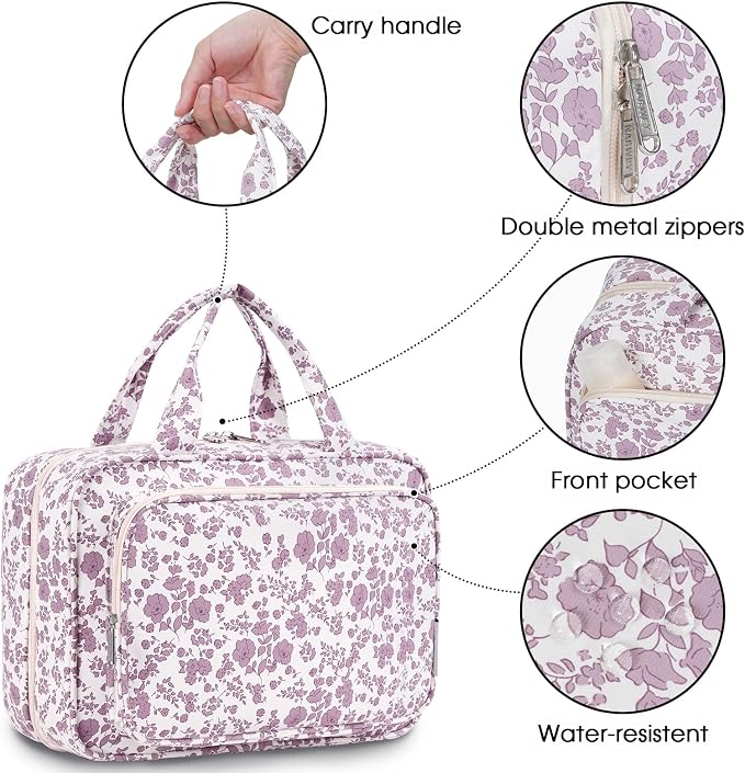 Narwey Travel Toiletry Bag for Women Large Hanging Makeup Bag Organizer Toiletries Bag for Full Size Essentials Accessories Cosmetics (Dusty Pink Flower (Large)) - Image 5