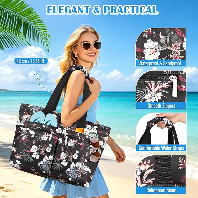 HUANLANG Large Beach Bags for Women Pool Bag with Zipper, Waterproof Sandproof Beach Tote Travel Bag with Wet Pocket - Image 4