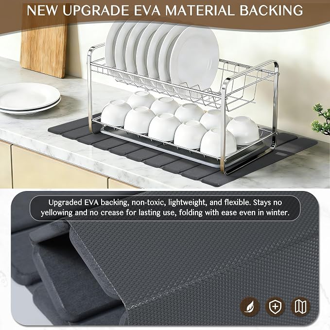 Large Stone Dish Drying Mat for Kitchen Counter, Thin & Light Quick Dry Stone Bath Mat, Foldable Water Absorbing Diatomite Drying Pad for Kitchen Bathroom Sink Countertop (Pure Gray 24"×16" & 8"x4") - Image 4