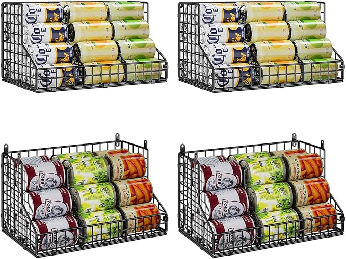 4 Pack Stackable Can Rack Organizer for Pantry Storage,Can Dispensers with 4 Adjustable Dividers, 2-Tier Metal Wire Basket Holds up to 84 Cans for Kitchen Cabinet Pantry, Black by JKsmart