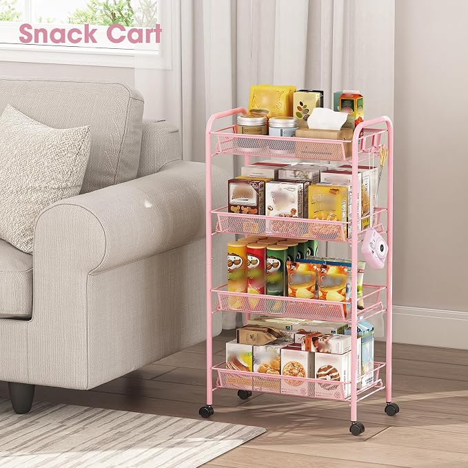 TOOLF 4 Tier Rolling Cart, Metal Utility Storage Cart with Wheels, Pink | 3 Hooks, Screwless Assembly, Trolley Organizer for Bathroom, Kitchen, Office, Nursery, Dorm, Laundry Room - Image 7