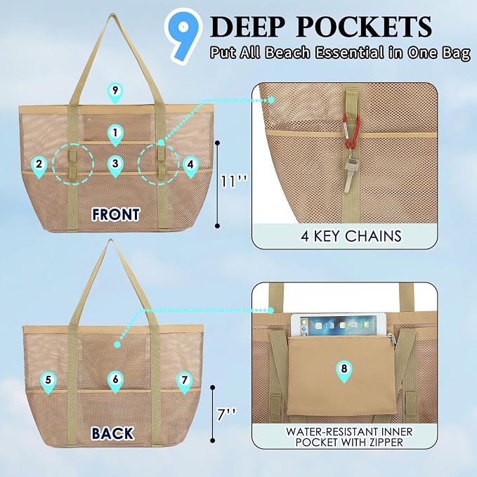 Fammart Mesh Beach Bag for Women, Large Beach Toy Pool Bag with Zipper Pocket, SandProof Cruise Essentials 2026 Family Travel - Image 4