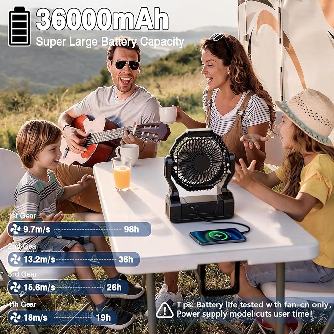 XZK 36000mAh Rechargeable Camping Fan, Battery Powered Portable Travel Fan | 98H Runtime, LED Light, Quiet Desk Fans for Indoor,Outdoor,Fishing,Jobsite & Hurricane Emergency, Gifts for Men Dad Him - Image 2