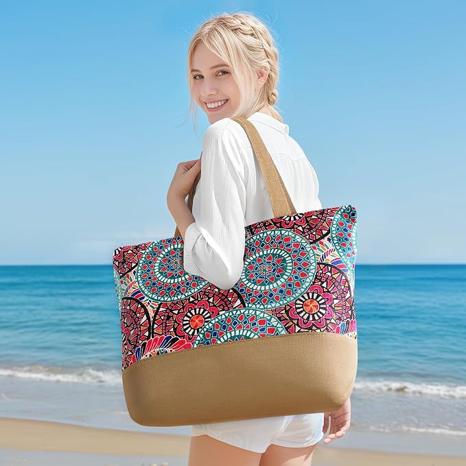 Trifabricy Beach Bags for Women,Waterproof Straw Beach Tote Bag With Zipper | Spacious Storage Capacity, Secure Zipper Closure, Reinforced Carry Handles, Stylish Printed Design For Outdoor Activities - Image 2