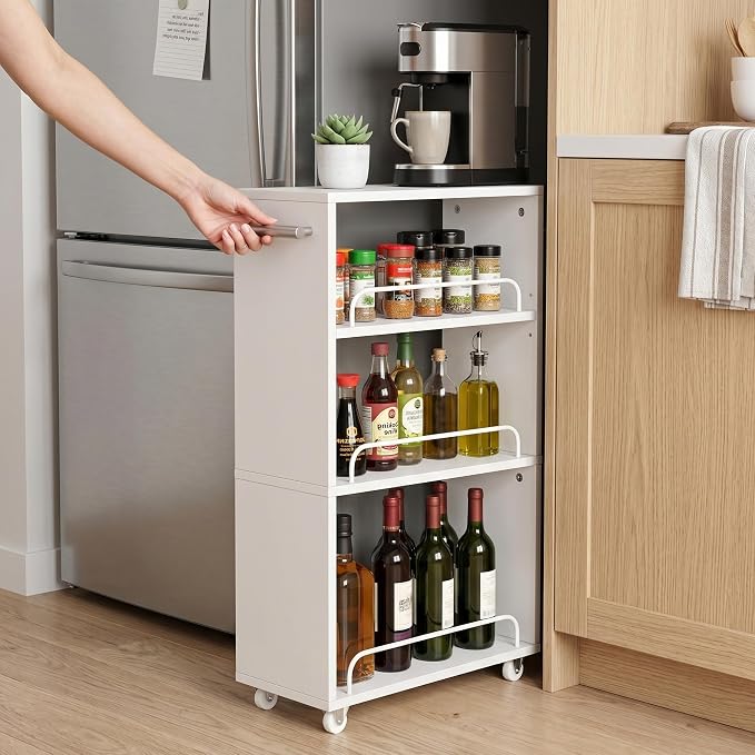 7.7'' Slim Rolling Storage Cart 4 Tier Wood Utility Cart Spice Rack Kitchen | Slide Out Narrow Rolling Cart with Adjustable Shelves,with Handle for Kitchen Laundry Bathroom Small Space - Image 2