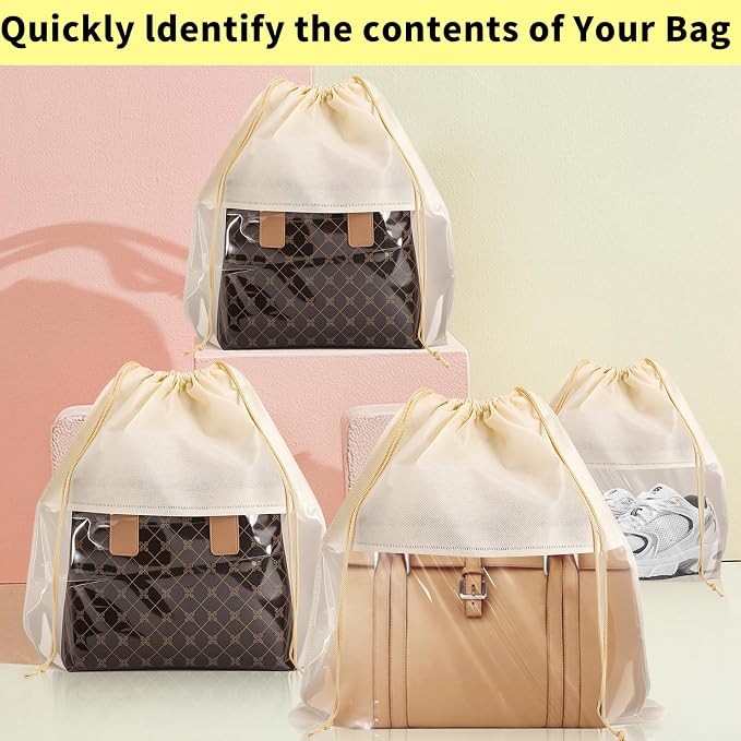 12 Pcs Shoe Bags for Travel, Beige Dust Bags for Handbags, 4 Size | Dustproof Drawstring Bags, Breathable Non Woven Fabric Storage Bag for Handbags Shoes Purses - Image 6