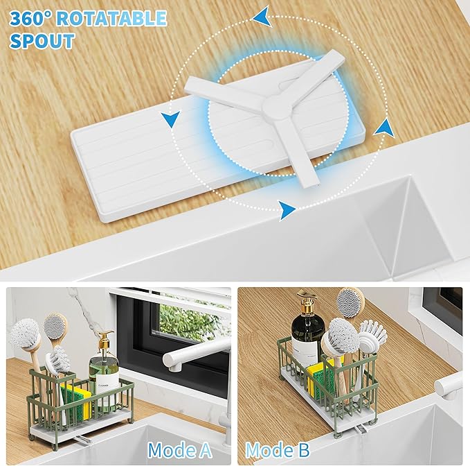 Cisily Sponge Holder for Kitchen Sink, Sink Caddy Organizer with High Brush Holder, Kitchen Countertop Organizers and Storage Essentials, Rustproof 304 Stainless Steel (Sage Green, 9.25″) - Image 2