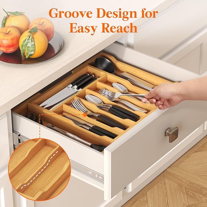 Lifewit Silverware Drawer Organizer, Wooden Utensil Tray for Kitchen | Expandable Flatware and Cutlery Holder, Adjustable Storage for Spoons Forks Knives, 13-22x15", Natural - Image 6