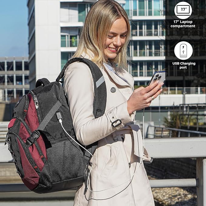 Swissdigital Design Laptop Backpack with USB Charging Port, Travel Backpack Fits 15.6 inches Computer, 31L College School Backpack for Women, Angola red/Black | SD803-44 - Image 2