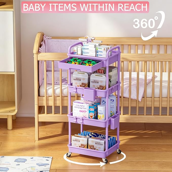 REBECAT 4 Tier Rolling Cart with Drawer, Utility Storage Cart on Wheels for Kitchen, Bathroom, Living Room,Office(Purple) - Image 3