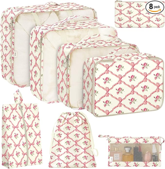 KPX 8 Set Packing Cubes for Travel, Luggage Packing Organizers Accessories Large Toiletries Bag for Clothes Shoes Cosmetics (8Set-Flower & Bow) by KPX