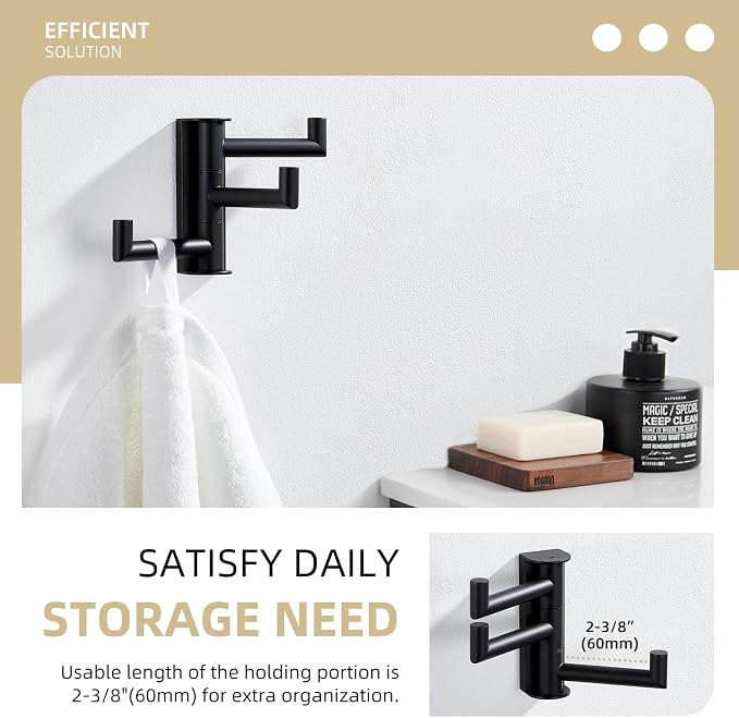 Angle Simple Swivel Towel Hook 3 Arms, Robe Coat Wall Hook, Matte Black | SUS304 Stainless Steel, Foldable Hand Bath Towel Holder for Bathroom Kitchen Closet, Sturdy Space Saver, Screws Mounted - Image 5