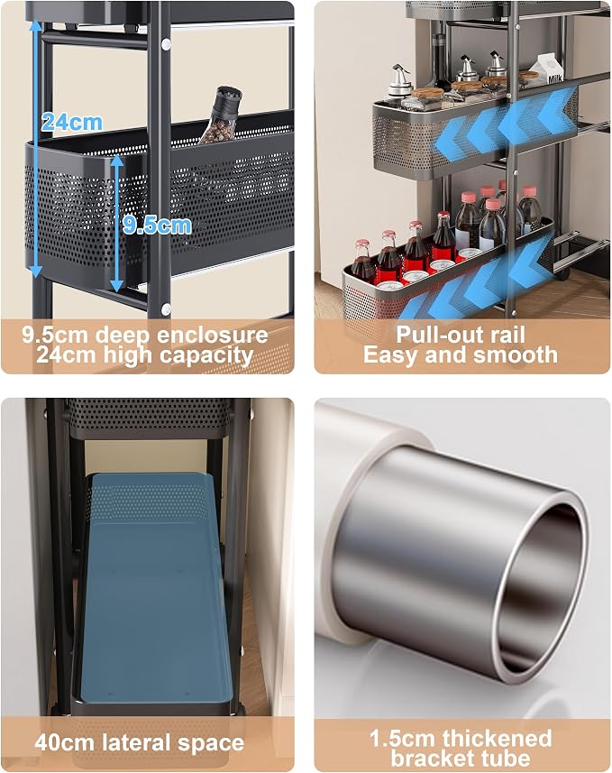 UMDONX 5-Tier Narrow Mobile Storage Cart with Pull-Out Baskets | The Multifunctional Pull-out Storage Rack Is Suitable for Bathrooms, Kitchens, and Laundry Rooms - Image 5