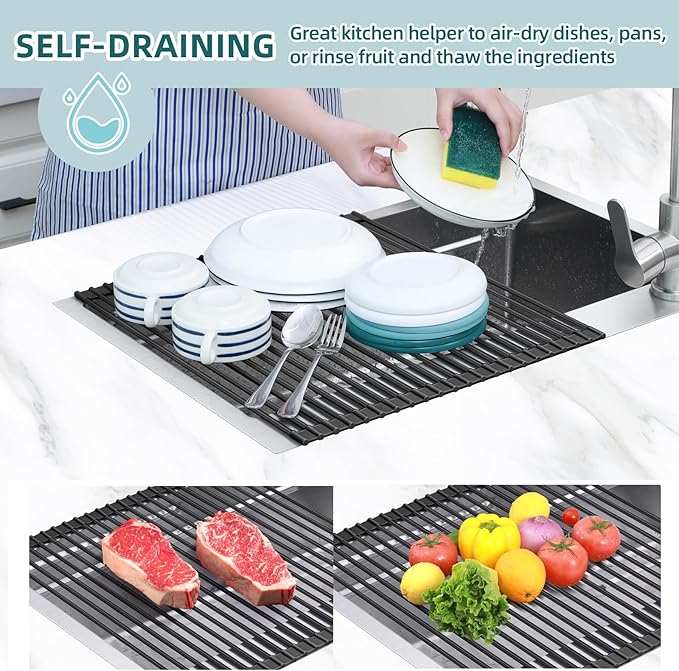 Ohuhu Over The Sink Dish Drainer Drying Rack, 17.6" W x 15.4" L Roll Up Dish Racks Kitchen Sink Organizer Silicone Wrapped Large in Sink Dish Drying Rack Foldable Rolling Drain Mats Anti-Slip - Image 2