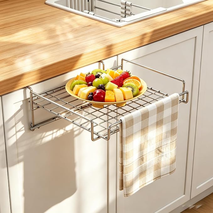 Kitchen Counter Extender, 1-Sec Foldable Over Cabinet Door & Drawer Organizer Shelf, No Drill Hanging Storage Rack Space Saver with Towel Bar for RV & Renters (Stainless Steel Silver) by ADEVZO