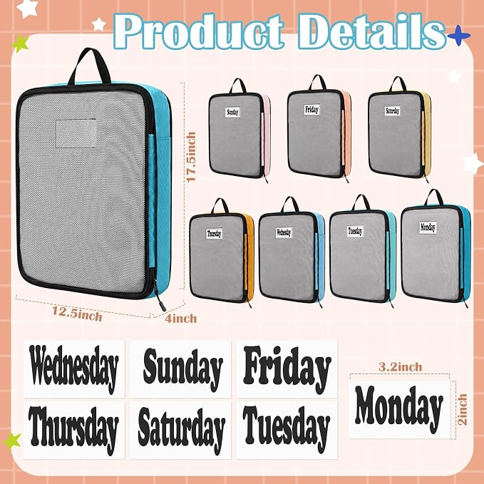7 Pcs Packing Cubes for Travel Days of Week,Multicolor,Large - Image 2