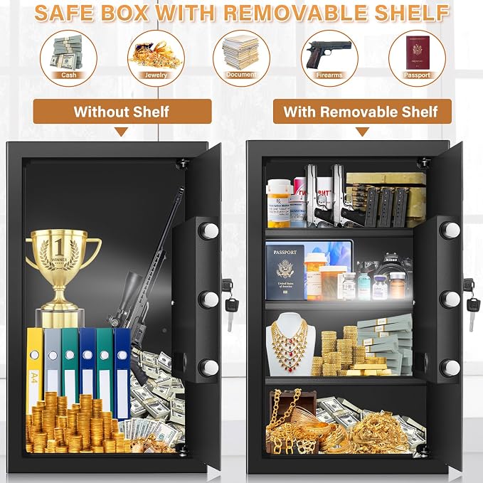 [23.6" Tall] Large Safe Box with Fireproof Bag for Home Use | LED Light, Digital Keypad, Spare Keys and 3 Removable Shelves, Wall/Floor Mountable Security Safes for Documents - Image 5