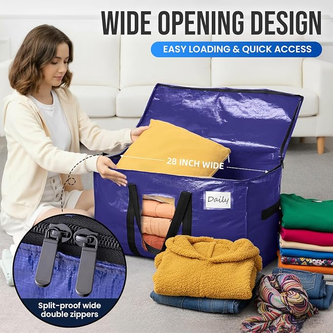 TAILI 2 Pack Dark Blue XXL Moving Bags,Storage Bags with Visible Window | 93L Heavy Duty Totes For Storage,Wrap Around Handles,Alternative to Moving Boxes, College Dorm,Perfect for Moving - Image 5