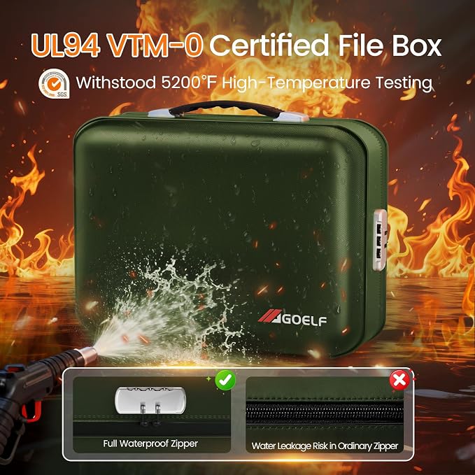 Fireproof Document Box with Lock, 5200°F Fireproof Water Resistant Hard Case File Organizer Safe Box for Important Documents, Certificates, Laptop, Passports (Green) - Image 3