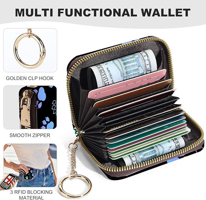 Credit Card Holder for Women,Small Rfid Wallet with Keychain Zipper,Cute PU Leather Card Case Wallet，Accordion Credit Card Wallets Gift,Colorful Paw Prints - Image 2
