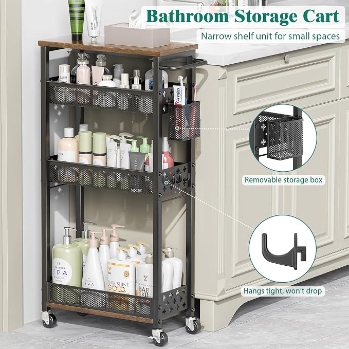 XYZLVSI Slim Storage Cart, 4 Tier Laundry Room Organizer for Small Space | Narrow shelf 14.4" bottom shelf, wire basket, hooks, ideal for kitchen/bathroom/office/dorm, between washer and dryer storage - Image 9