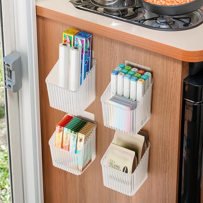 NiHome 4-Pack Cabinet Door Organizer, Adhesive RV Camper Wall Storage Caddy | No-Drill Plastic Bin With Drain Holes For Kitchen Bathroom Pantry Organization, Space Saving Small Item Holder, White - Image 2