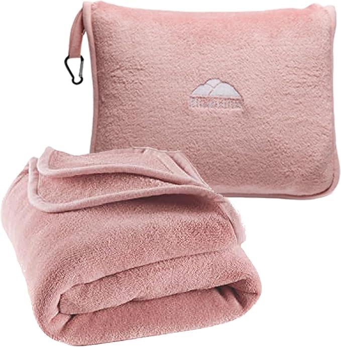 BlueHills Premium Soft Long Travel Blanket Pillow Combo – Dusty Rose Pink | Long 70x48 Travel Blanket Pillow 2 in 1, Soft Pillowcase, Backpack Clip, Compact & Portable, Large Throw Traveling Essentials by BlueHills